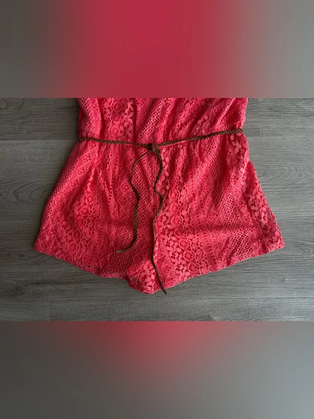 Justice Girls Ruffle Coral Lined Lace Belted Romper Size 20 Off Shoulder